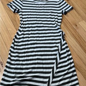 Market & Spruce Asymmetrical Greenish-gray and White Striped Dress